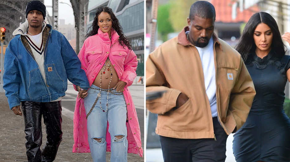 asap rocky dressing up carhartt with rihanna and kanye west dressing up carhartt with kim