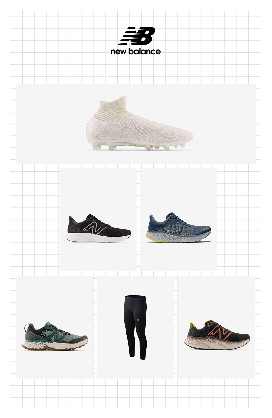 sapatilhas, chuteiras e leggings new balance em fundo branco