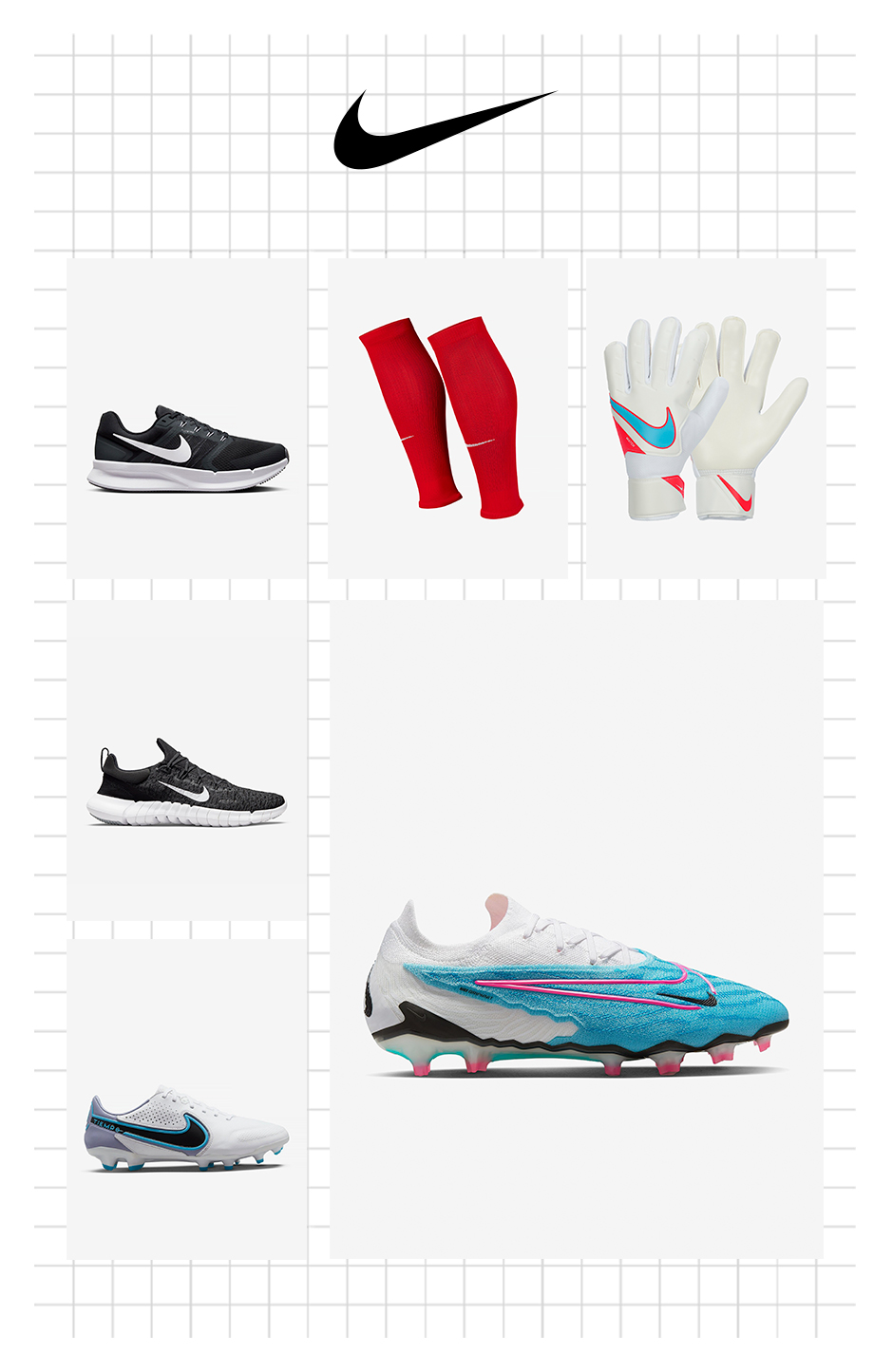 chuteiras, sapatilhas, luvas de guarda-redes e meias nike em fundo branco