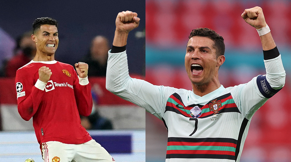 cristiano ronaldo a jogar pelo manchester united e pela seleo portuguesa e a celebrar em ambos em campo