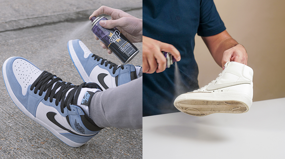 man cleaning black and blue sneakers and white sneakers with crep protect spray