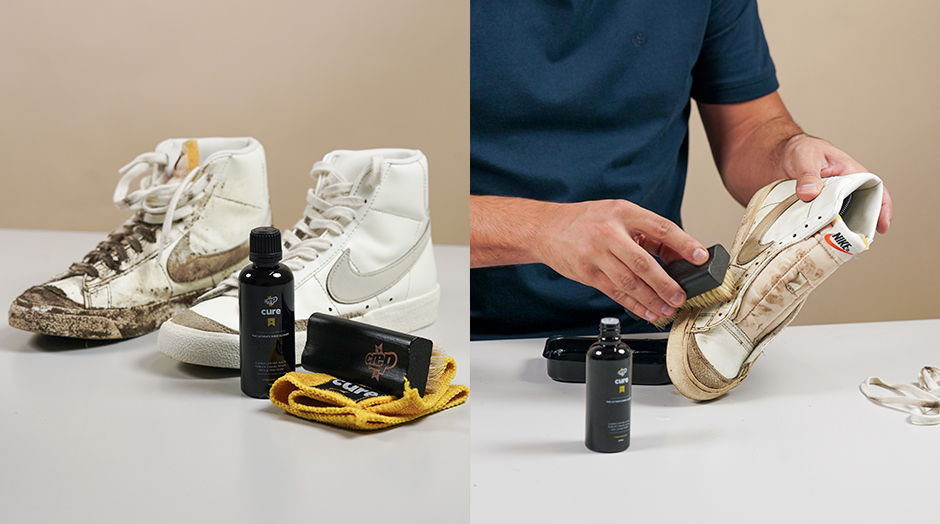 man cleaning white sneakers with pack crep protect cure
