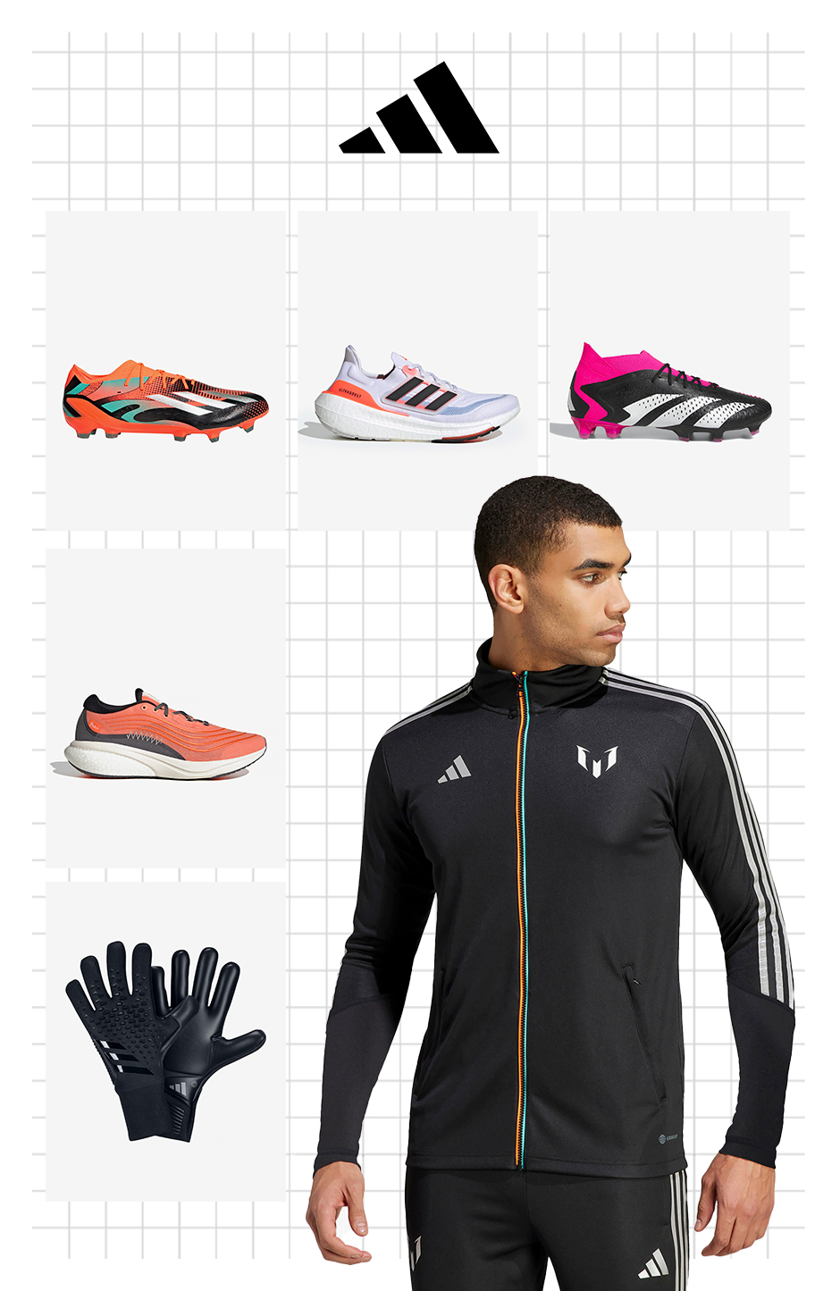 homem com casaco pretom chuteiras e sapatilhas adidas performance em fundo branco