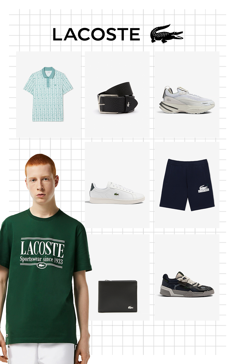 homem com camisola, calas, sapatilhas e acessrios lacoste em fundo branco
