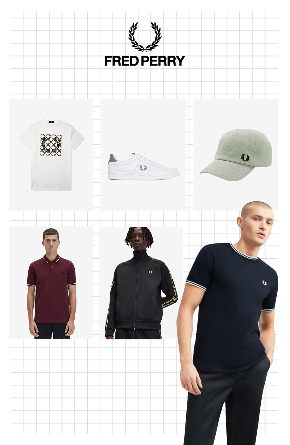 homens com camisolas e t-shirts fred perry e acessrios em fundo banco