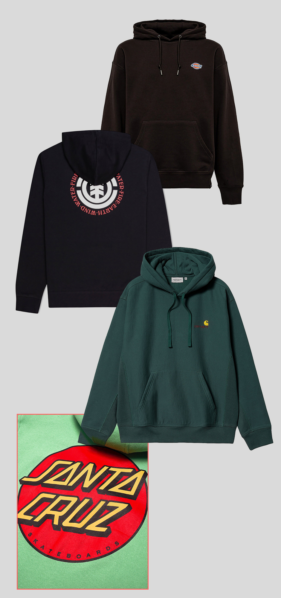 hoodies pretos e verde em fundo branco