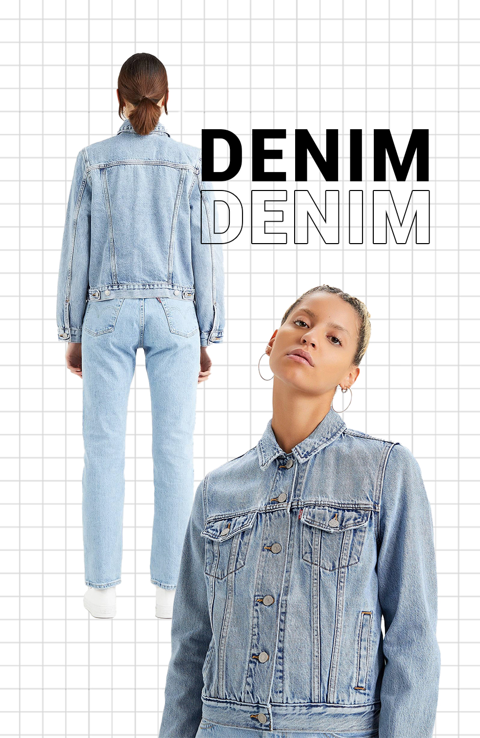 mulher com casaco de ganga da levis em fundo branco 