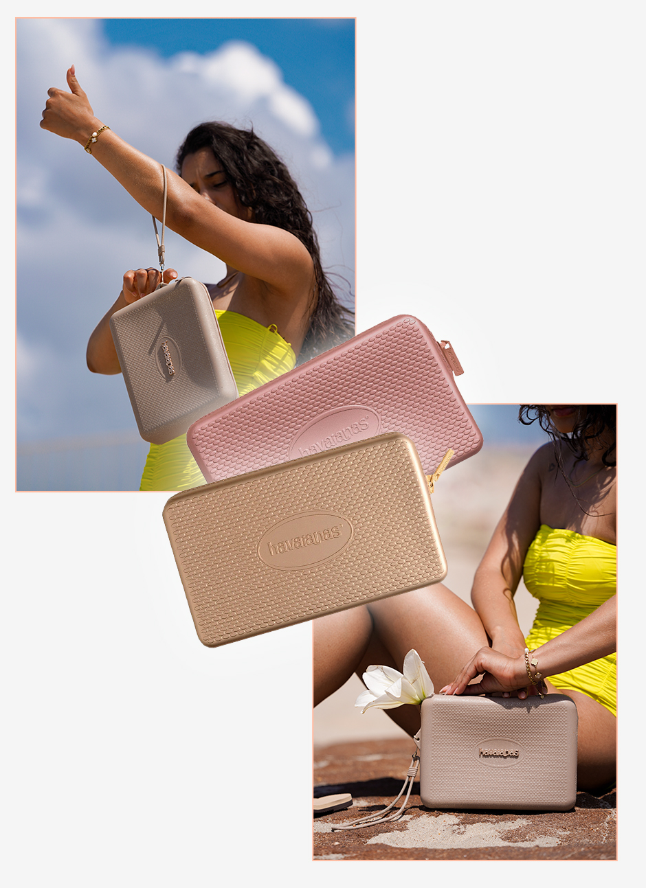 mulher na praia com fato de banho amarelo e carteira havaianas bege e carteira rosa ao lado