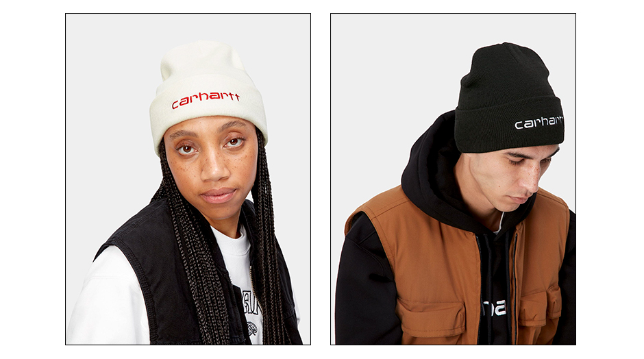 woman with white cap Carhartt script and man with black cap
