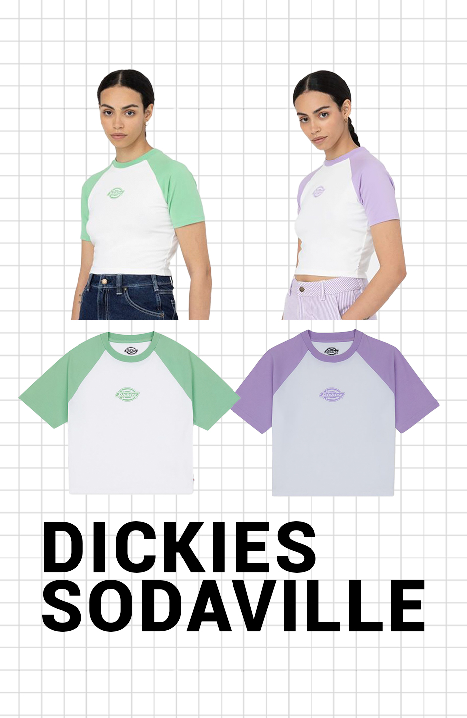 mulher com t-shirt da dickies branca e verde e lils e branca em fundo branco 