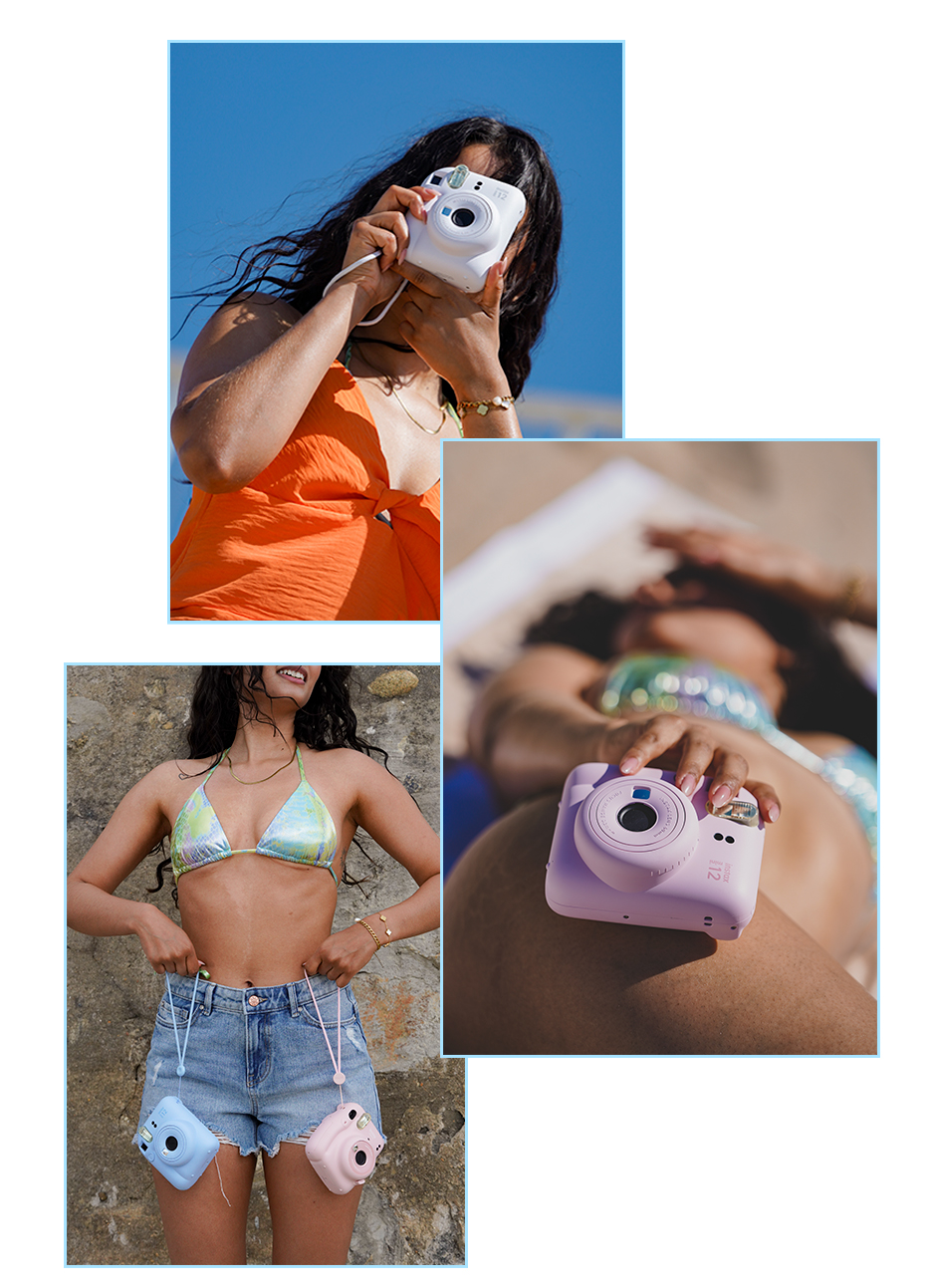 mulher na praia com maquinas instax da fujifilm, branca, azul, rosa e lilas