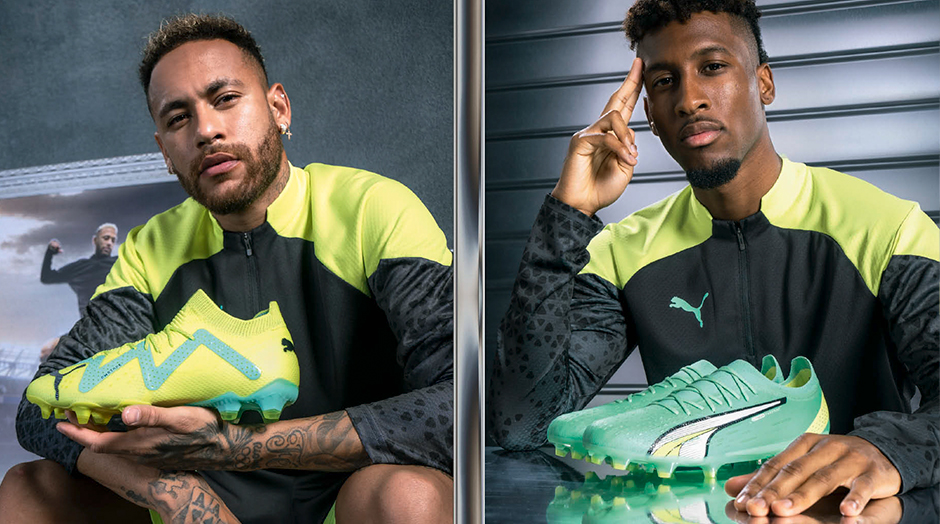 neymar e coman com chuteiras verdes do pack pursuit da puma