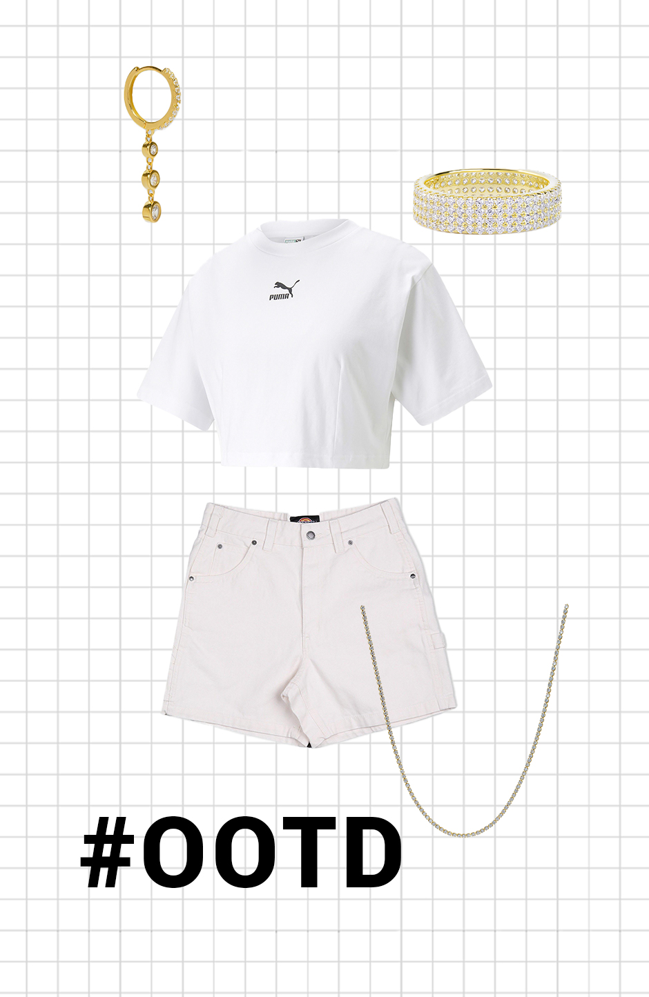 outfit de mulher com t-shirt calç~oes anel brincos e colar em fundo branco 