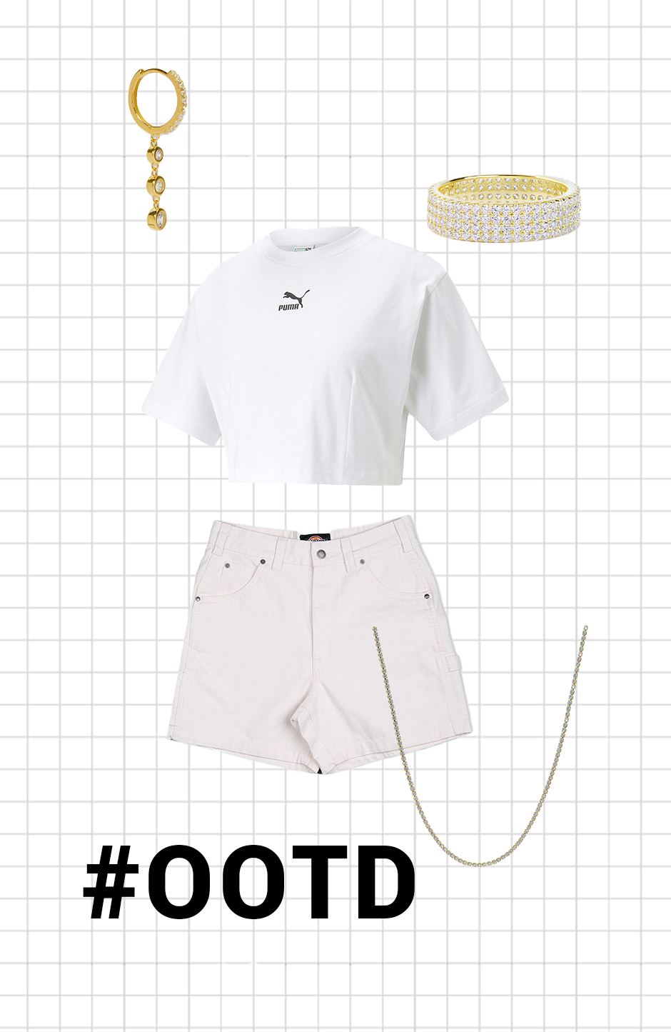 outfit de mulher com t-shirt cal~oes anel brincos e colar em fundo branco 