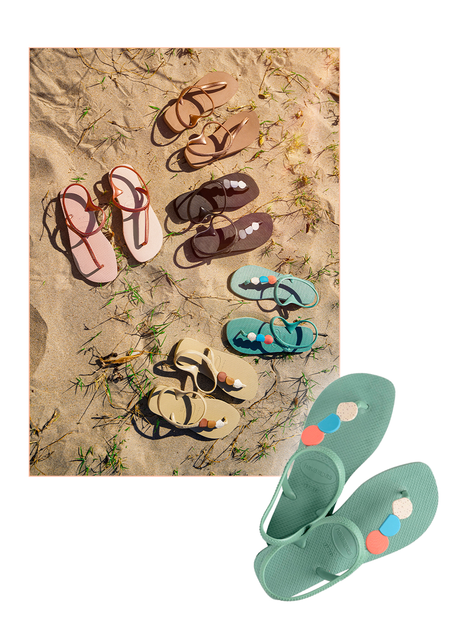 sandalias havaianas urban flash rosa, beges, castanhas e verdes