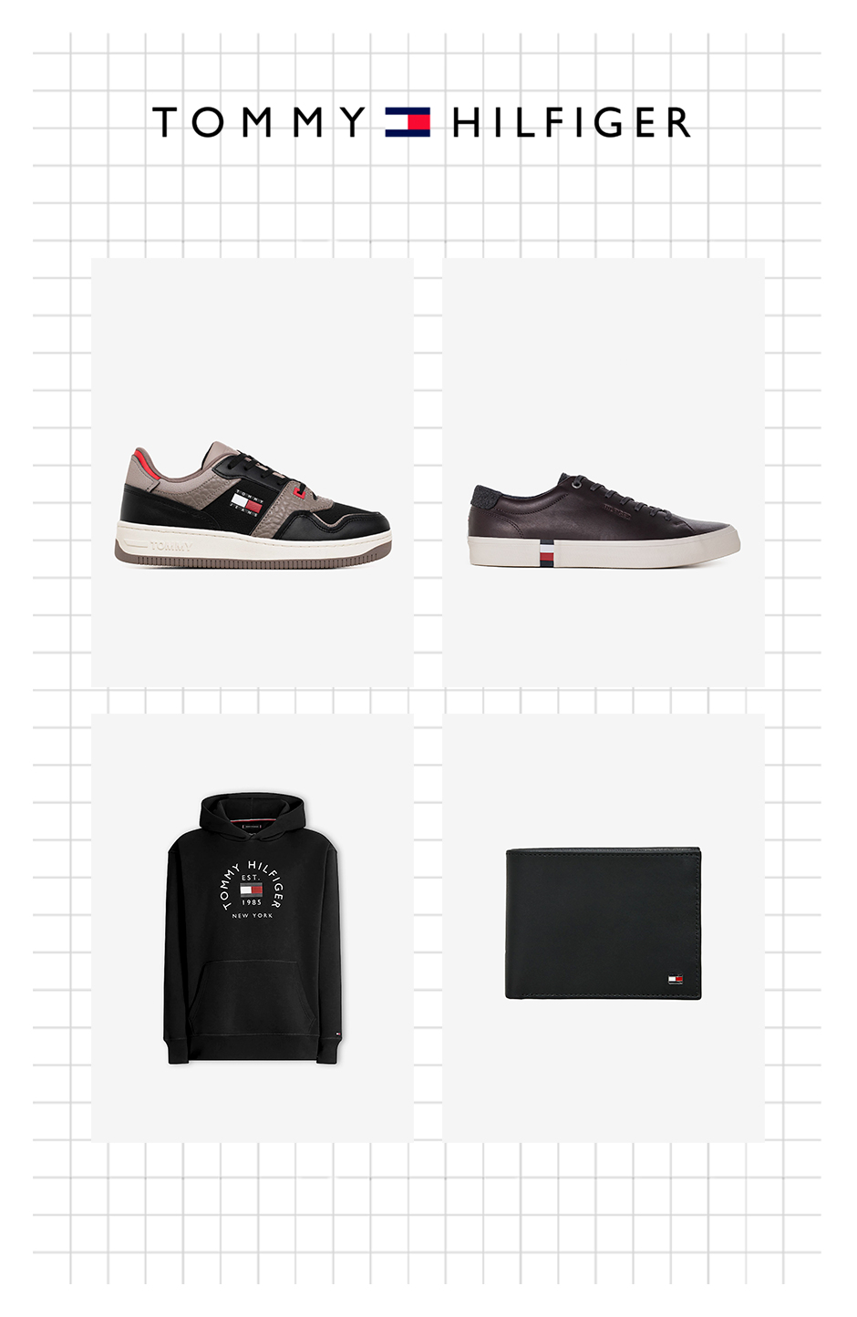sapatilhas, camisola e carteira tommy hilfiger em fundo branco