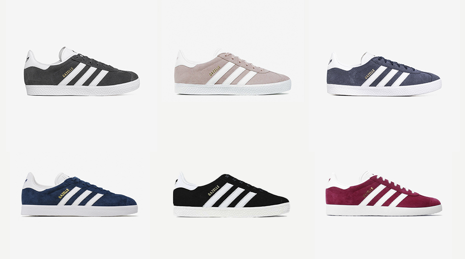 seis sapatilhas adidas gazelle em cores diferentes em fundo branco