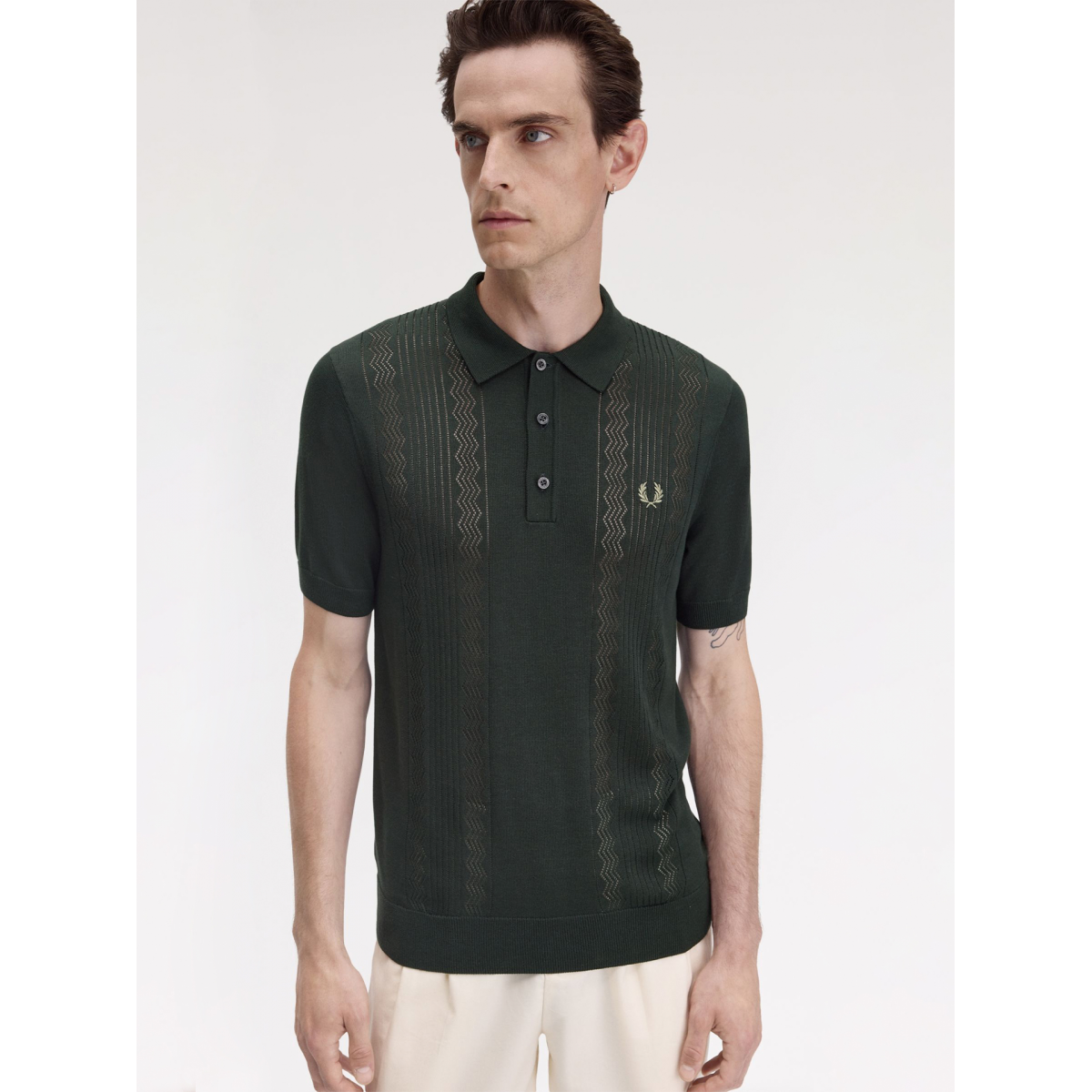 Fred Perry Pointelle Panel Knitted Green Polo Shirt - K9750-Q20